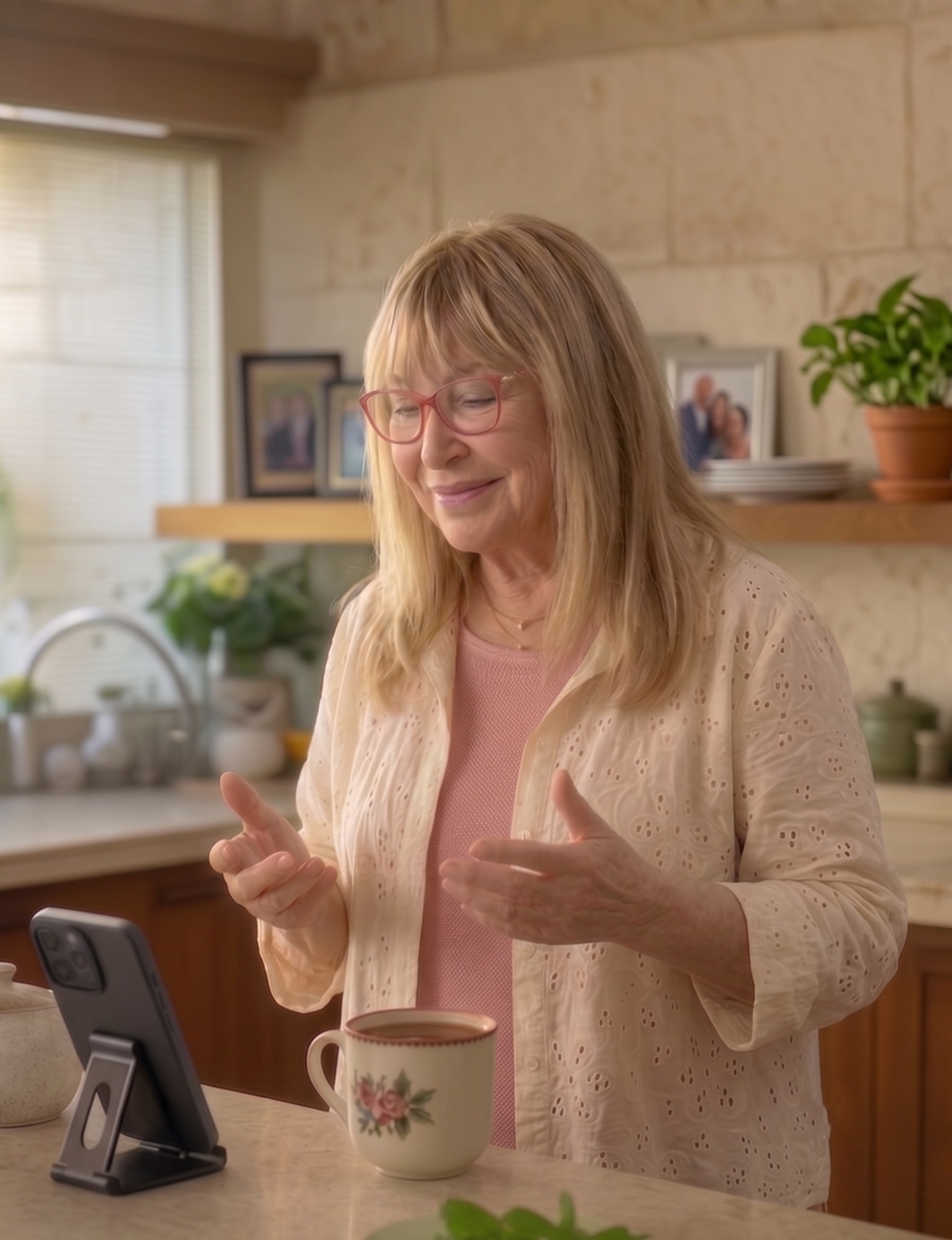Elderly woman speaking with Aharon in her kitchen